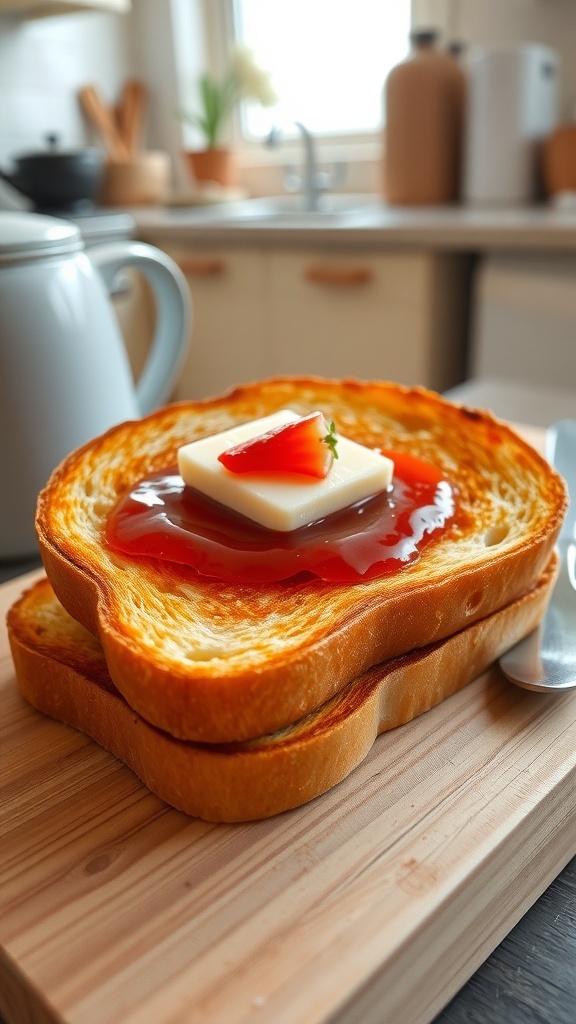 Golden brown toasted bread with butter and jam on a wooden board.